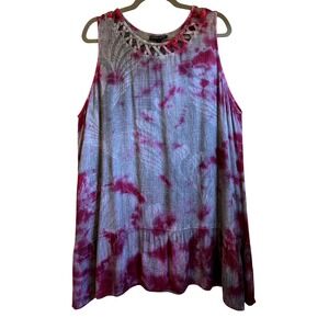 Greater Good Women 1X Tie Dye Dress Purple Grey Lattice Neck Ruffle Hem Rayon